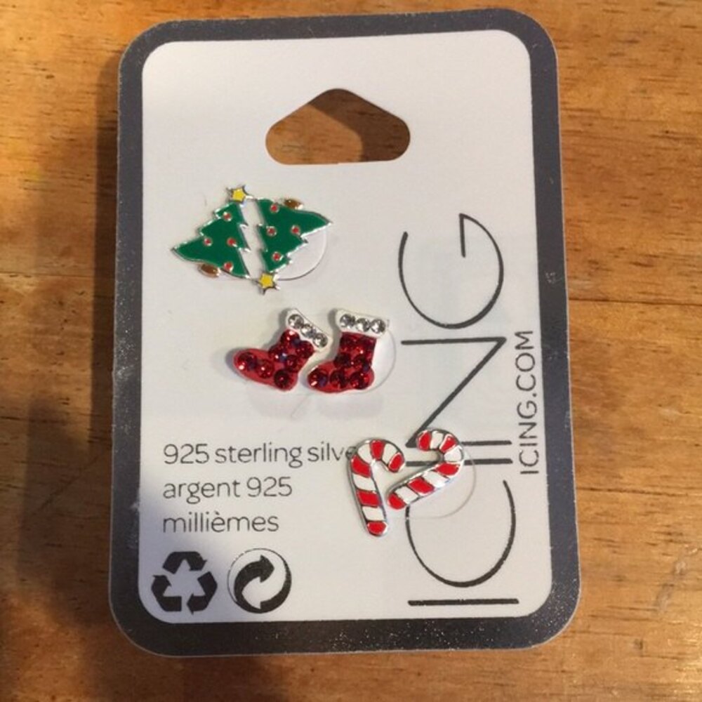 ICING Candy Canes Christmas Tree Stocking Earrings Studs 925 Sterling Silver